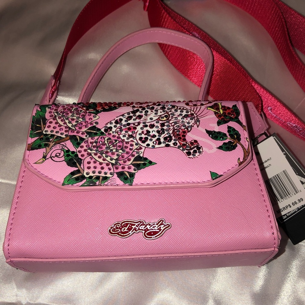 Ed Hardy Pink Multi Faux Leather Top Handle Crossbody Bag Leopard & Floral NWT - Picture 4 of 16